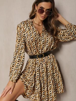 Beżowa Rozkloszowana Sukienka z Falbanką i Dekoltem w Serek Sekele rosa