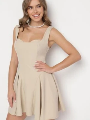 Beżowa Rozkloszowana Sukienka z Gorsetową Górą i Dekoltem w Serce Frolami allyson