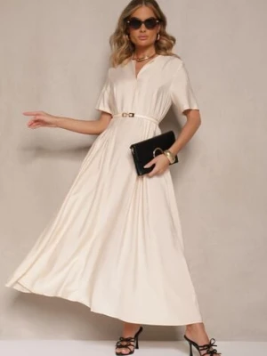 Beżowa Rozkloszowana Sukienka z Lnu i Wiskozy z Paskiem ze Sprzączką Linoretia unigirl