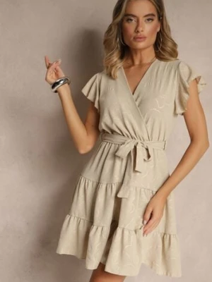 Beżowa Rozkloszowana Sukienka z Paskiem i Falbanami Lilarea j studio