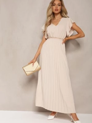 Beżowa Rozkloszowana Sukienka z Plisami Maxi z Falbankami przy Ramionach Nethula