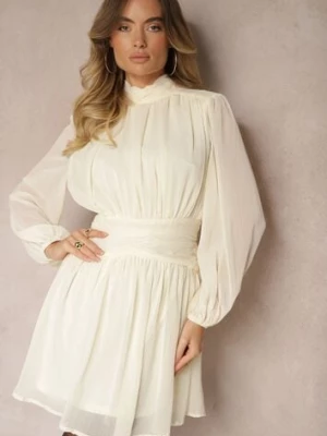 Beżowa Rozkloszowana Sukienka z Półprzeźroczystymi Wstawkami i Stójką Gelabine retro & icone