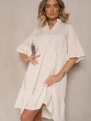 Beżowa Rozkloszowana Sukienka z Wiskozą i Falbanami Eviranna j studio