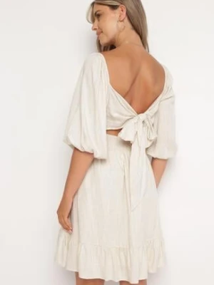 Beżowa Rozkloszowana Sukienka z Wiskozą i Lnem z Gumką w Talii Falbanką i Podszewką Vilemia bisou's project