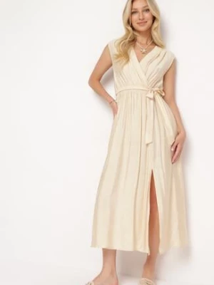 Beżowa Rozkloszowana Sukienka z Wiskozą Kopertowym Dekoltem i Materiałowym Paskiem w Talii Jenvia unigirl