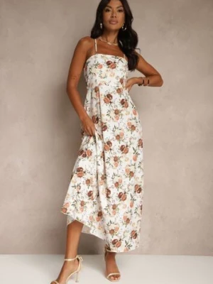 Beżowa Rozkloszowana Sukienka z Wiskozą w Kwiatowy Wzór Nalivie ann gissy