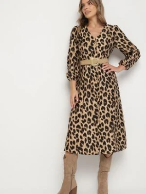 Beżowa Rozkloszowana Sukienka z Wiskozą w Panterkę Ozdobiona Paskiem Aliri rosa