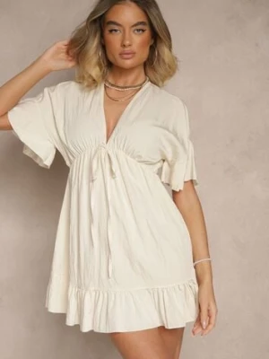 Beżowa Rozkloszowana Sukienka z Wiskozą z Rękawami Typu Nietoperz i Falbanką Nellimi new collection