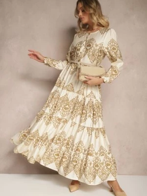 Beżowa Rozkloszowana Sukienka z Wiskozą Zapinana na Guziki Ilathinna rosa