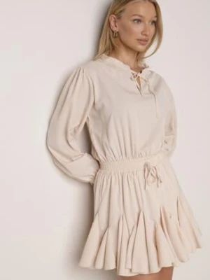 Beżowa Rozkloszowana Sukienka z Wiskozą Zdobiona Falbanami i Wiązaniem Lerienatia ann gissy