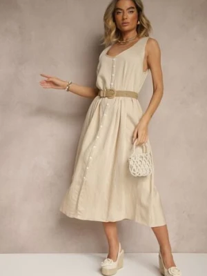 Beżowa Rozkloszowana Sukienka z Wiskozy Ozdobiona Guzikami Nataviela cflo