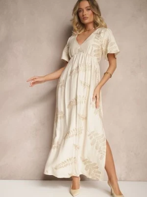 Beżowa Rozkloszowana Sukienka z Wiskozy Ozdobiona Haftowanymi Liśćmi Tirvesa maja studio