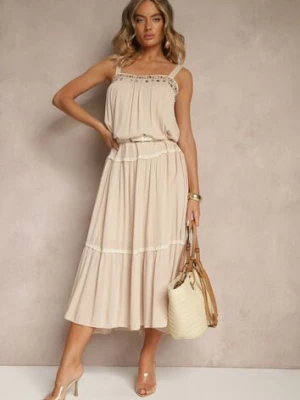 Beżowa Rozkloszowana Sukienka z Wiskozy z Metalicznymi Aplikacjami Sevinda rosa