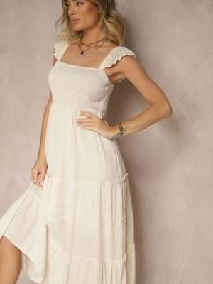 Beżowa Rozkloszowana Sukienka z Wiskozy z Metalicznymi Przeszyciami Iffaria rosa