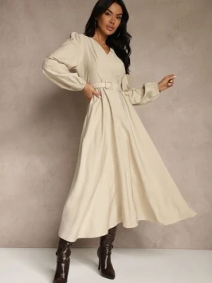 Beżowa Rozkloszowana Sukienka z Wiskozy z Paskiem ze Sprzączką Orille unigirl