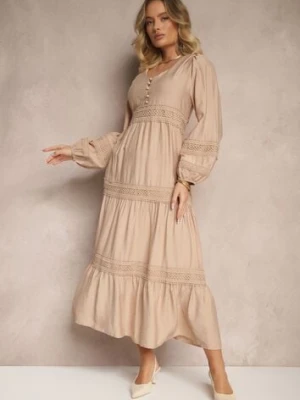 Ciemnobeżowa Rozkloszowana Sukienka z Wiskozy Zdobiona Koronkowymi Wstawkami Gonolen