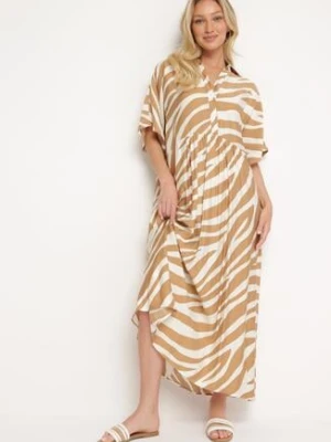 Beżowa Rozkloszowana Sukienka Zapinana na Guziki z Rękawami Typu Nietoperz Rodmala melya by melody