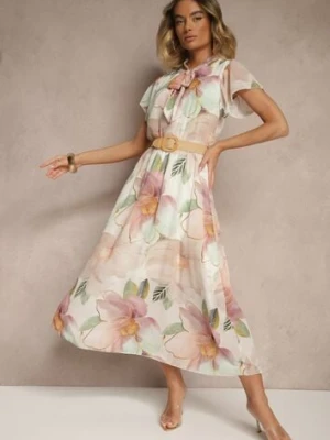 Beżowa Rozkloszowana Sukienka Zdobiona Wiązaniem i Paskiem z Klamrą Sorisse lovery