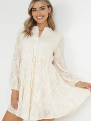 Beżowa Rozkloszowana Sukienka ze Sznurkiem w Pasie Juna bisou's project