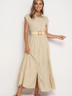 Beżowa Rozkloszowana Wiskozowa Sukienka o Koszulowym Kroju z Paskiem w Talii Omvia lovery