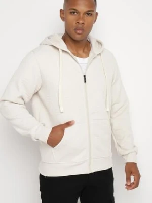 Beżowa Rozpinana Bluza z Bawełną i Kapturem i Ozdobnymi Sznurkami Bialise