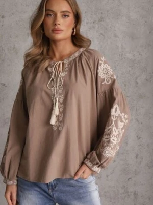 Beżowa Rustykalna Bluzka z Bawełny Zdobiona Haftem i Sznurkiem z Chwostami Marytea j&x