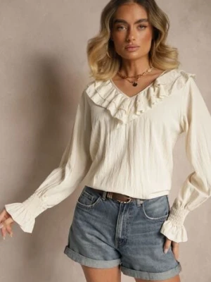 Beżowa Rustykalna Bluzka z Wiskozą z Dekoltem w Serek i Falbankami Lislimi new collection