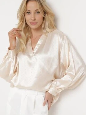 Beżowa Satynowa Bluzka z Długim Rękawem z Trójkątnym Dekoltem i Ozdobnymi Cyrkoniami Xertantia unigirl