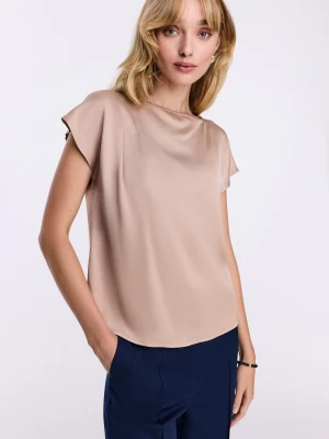 Beżowa satynowa bluzka z krótkim rękawem TARANKO
