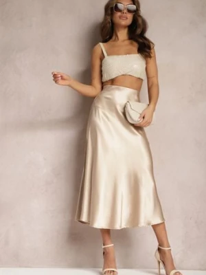 Beżowa Satynowa Midi Spódnica Rozkloszowana z Gumką w Pasie i Suwakiem Leose rosa