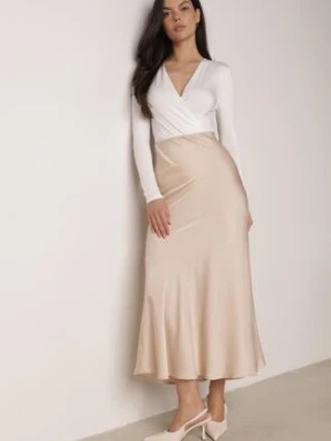 Beżowa Satynowa Spódnica z Lekko Rozkloszowanym Dołem Zinnemira