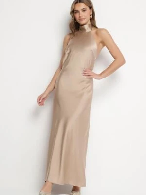 Beżowa Satynowa Sukienka Koktajlowa z Dekoltem Halter Annela allyson