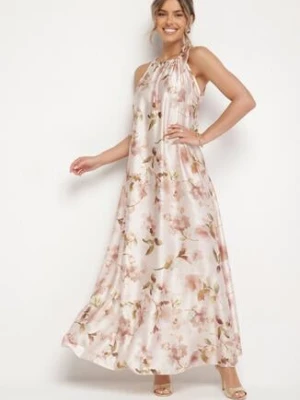 Beżowa Satynowa Sukienka w Kwiaty Fenaresia