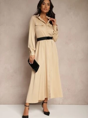 Beżowa Satynowa Sukienka w Stylu Szmizjerki z Imitacjami Kieszeni i Paskiem Vaminay unigirl