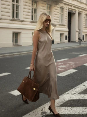 Beżowa satynowa sukienka z wiskozy TARANKO