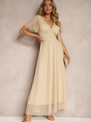 Beżowa Siateczkowa Sukienka z Kopertowym Dekoltem Wiązana w Talii Niblea lovery