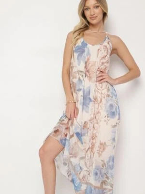Beżowa Siateczkowa Sukienka z Wiskozą w Kwiatowy Wzór Izaleira new collection