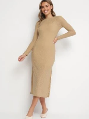 Beżowa Siateczkowa Sukienka z Wiskozą w Panterkę z Rozcięciem i Halką Abrellia by swan