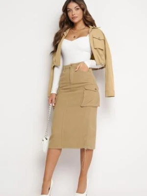 Beżowa Spódnica Cargo Midi ze Ściągaczami i Paskiem Elsane elsa.m by may