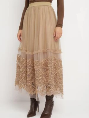 Beżowa Spódnica Maxi z Tiulowej Siateczki z Gumką w Pasie Johannah elsa.m by may