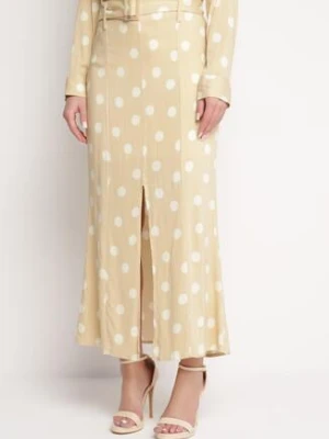 Beżowa Spódnica Midi w Kropki z Paskiem w Komplecie Mivema rosa