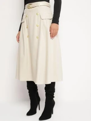 Beżowa Spódnica o Rozkloszowanym Kroju z Paskiem w Talii i Ozdobnymi Guzikami Vikkila elsa.m by may