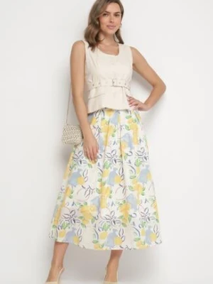 Beżowa Spódnica Rozkloszowana z Bawełny z Wzorem w Cytryny Talzema retro & icone