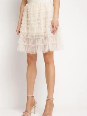 Beżowa Spódnica Rozkloszowana z Gumką w Talii Powleczona Tiulowym Materiałem Firila rosa