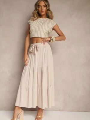 Beżowa SRozkloszowana Spódnica Maxi z Wiskozy z Materiałowymi Paskami Wintelis rosita