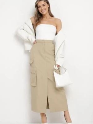 Beżowa Spódnica w Stylu Utility z Kieszeniami i Rozcięciem na Przodzie Temari bisou's project
