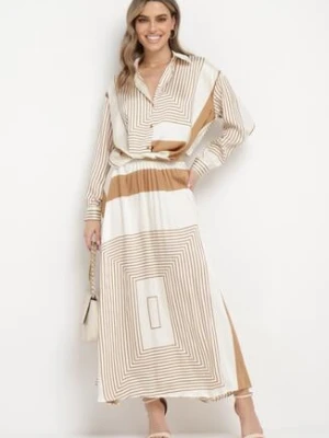 Beżowa Spódnica z Delikatnymi Plisami Gumką w Talii i Geometrycznym Wzorem Iolantha bisou's project