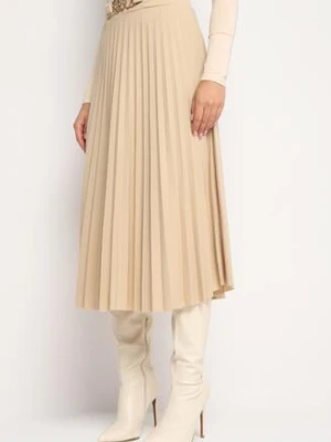 Beżowa Spódnica z Gumką i Metalową Ozdobą w Pasie Azami new collection