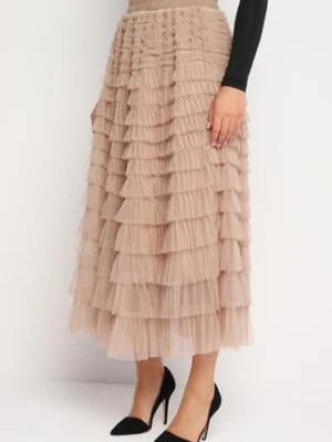 Beżowa Spódnica z Gumką w Pasie i Zdobieniami Tiulowymi Elesia elsa.m by may
