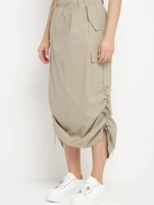 Beżowa Spódnica z Kieszeniami w Stylu Cargo na Dole Ściągacze ze Stoperem Obilasa h&s